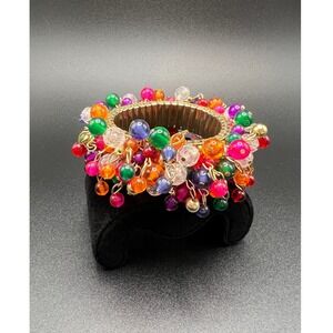 Vintage Cha Cha Expansion Bracelet Bright Multicolor Gold Tone Dangle Beads